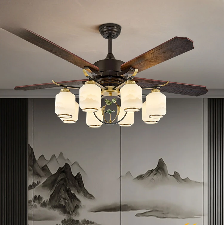 

Chinese style living room fan light ceiling fan light medieval restaurant hotel wood leaf electric fan light integrated pavilion