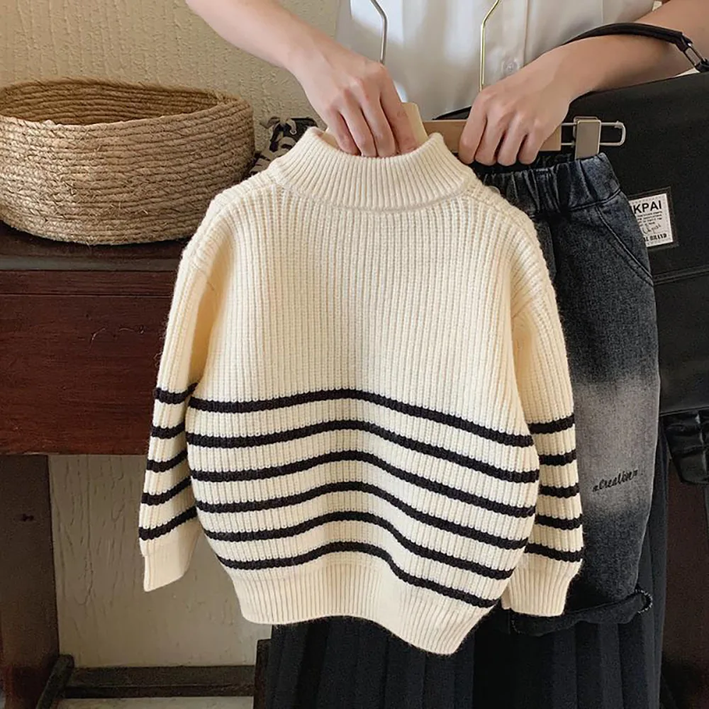 New Korean Children\'s Knit Sweater For Spring Autumn 2024 Baby Boys Girls Striped Long Sleeve Pullover Half Zipper Kids Clothes