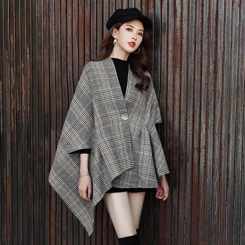 

Fashion Plaid Woolen Coat Shawl Women's Autumn Winter New Korean Version Loose Cloak Woolen coat Ladies Outerwear Windbreaker