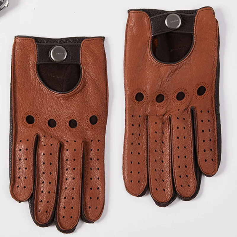 Guantes de cuero genuino para hombre, manoplas antideslizantes sin forro para conducción de motocicleta, guante de piel de ciervo, protección