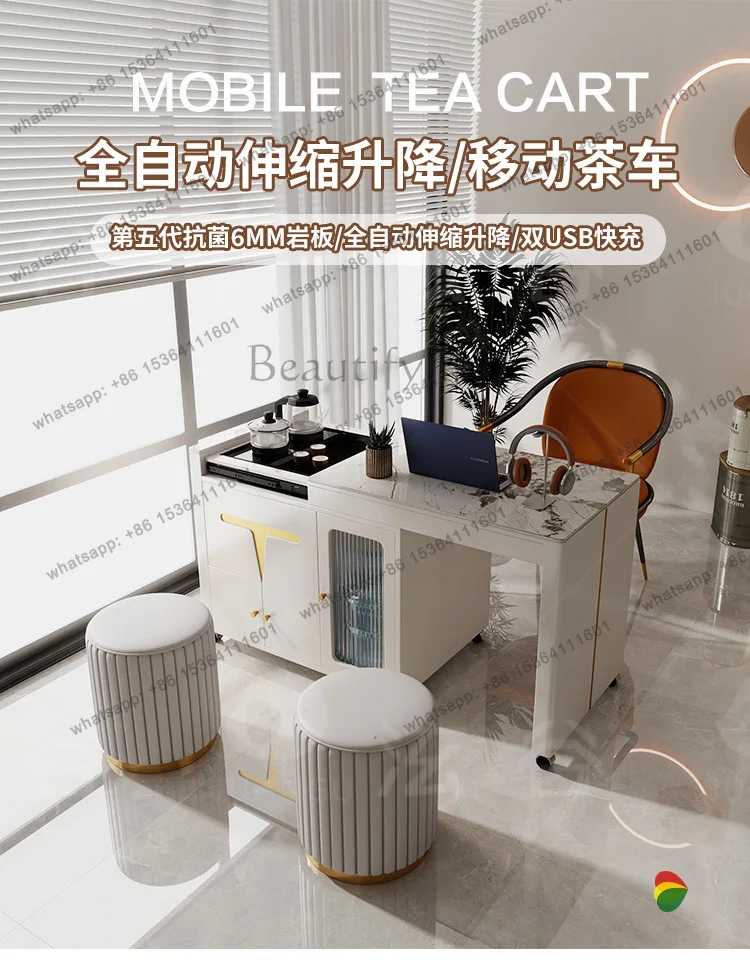 movable lifting and retractable rock slab tea table drinking tea table water integrated household small tea table