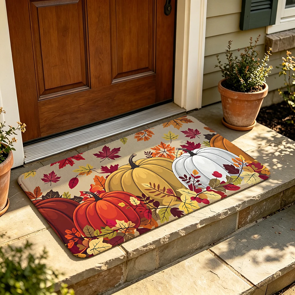 Vintage Fall Pumpkin Maple Leaf Doormat Autumn Harvest Welcome Mat Farmhouse Entryway Rug Rustic Home Decor