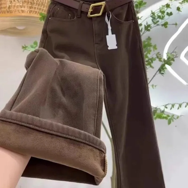 new chocolate-colored fleece wide-leg jeans women's autumn winter featuring simple high-waisted design commuting straight-leg