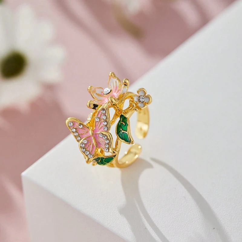 Aesthetic Flower Butterfly Rings for Female Romantic Rhinestone Stylish Non-fading Opening Ring Women Wedding Jewelry Party Gift