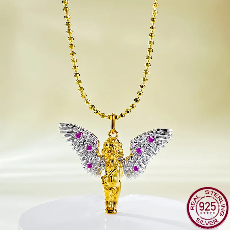 New S925 Silver Flying Kiss Little Angel Necklace Melad Antique Style Pendant Versatile High End Wedding Jewelry