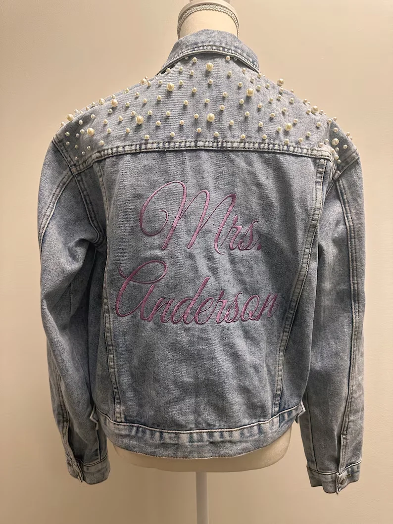 Bachelorette Embroidered Jean Jacket Hen Party Gift Custom Bride Denim Jacket Pearl Mrs Outerwear Personalised Coats Wedding Day