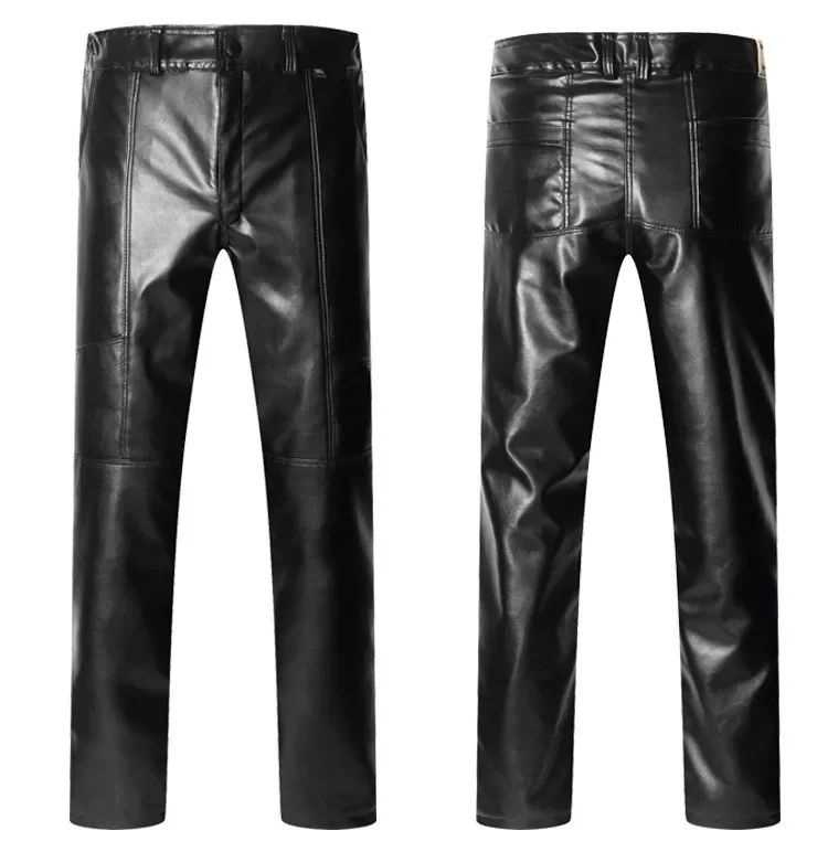 Winter Hot Black Motorcycle Pants PU Leather Plus Size Fluffy Thick Warm Long Casual Faux Leather Moto Bike Pants Trousers Male