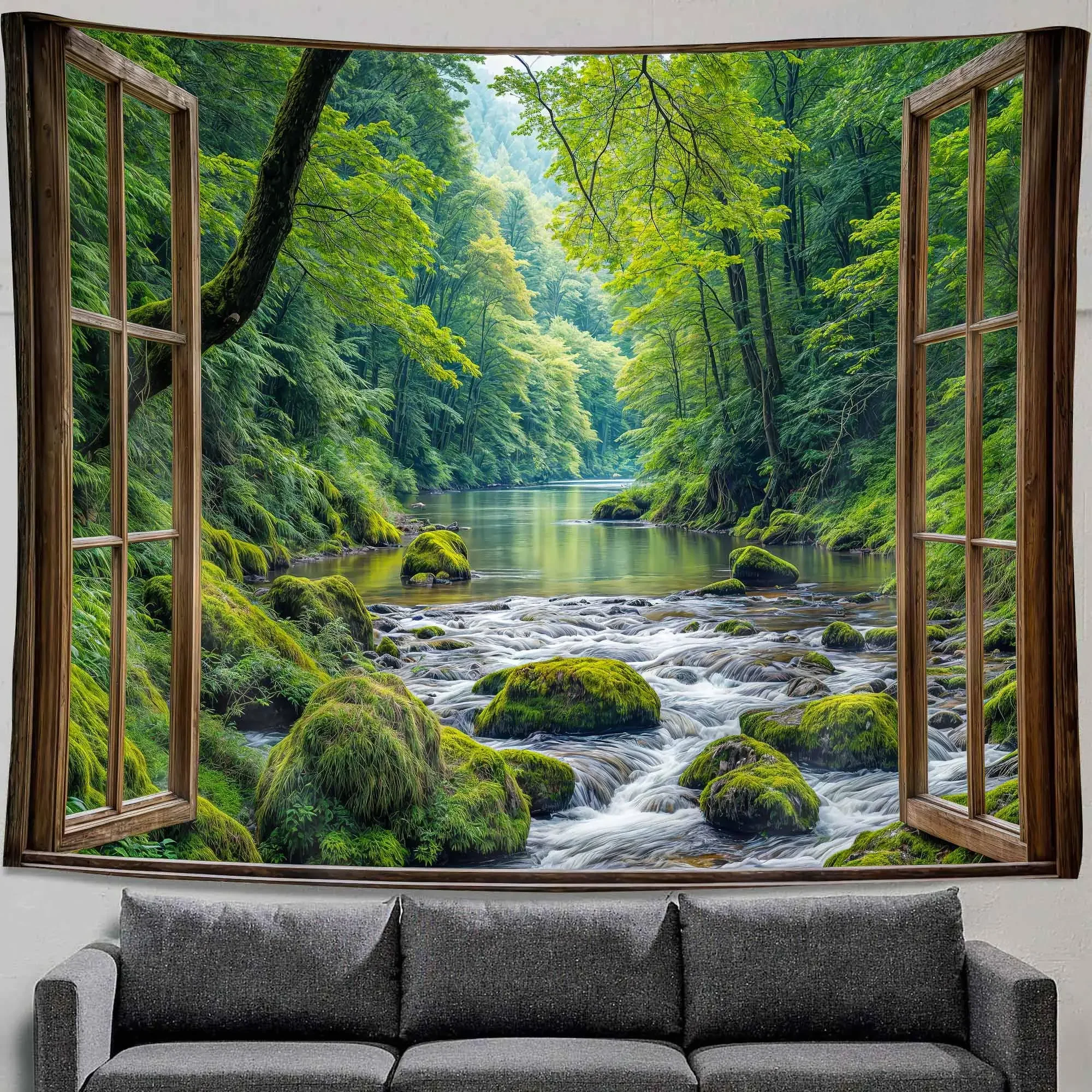 Window Forest Tapestry Green Nature Jungle Wall Tapestry for Bedroom Aesthetic Rainforest Stream Outdoor Landscape Wall Hanging
