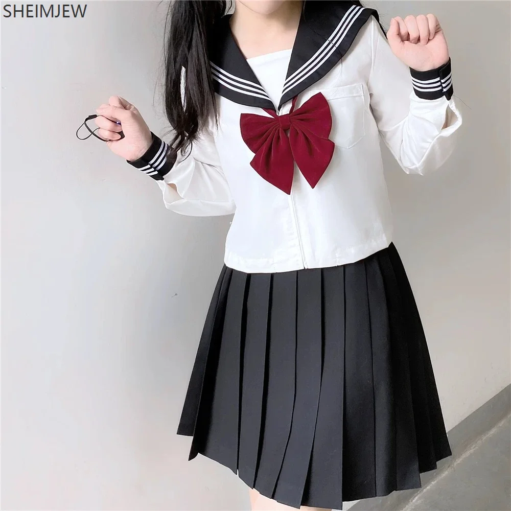 Japanese School Uniform Cute Girl Jk Suit Black Collar White Three-piece Suit Campus Sailor Suit Bow Long-sleeved Suit Uniform