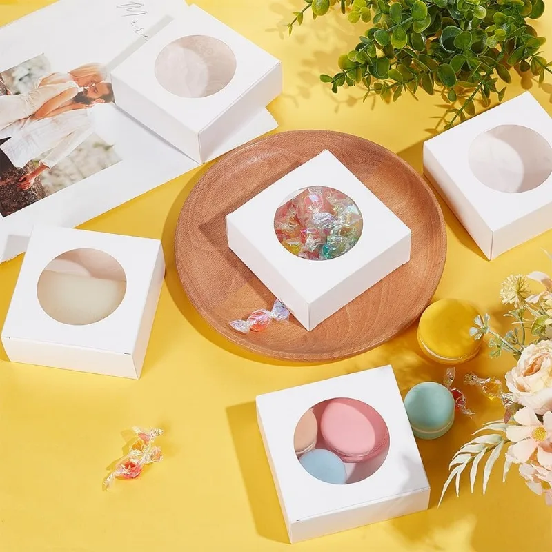 صناديق ورقية مربعة بنافذة مستديرة ، صناديق مخبز بيضاء من ورق الكرافت ، صناديق تعبئة هدايا لكعكة الحلوى ، من من 24 عبوة #5