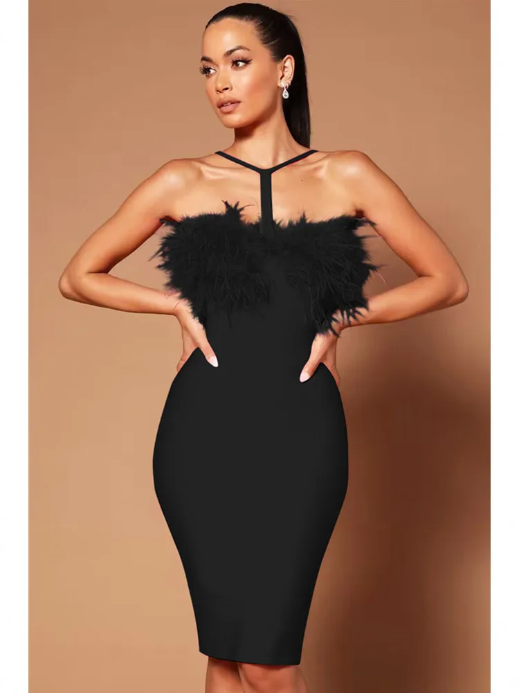 أحدث فستان صيفي مثير للنساء من ريش النعامة مقصوصة باللونين الوردي والوردي والأسود فستان ضيق بأشرطة ضيقة 2023 فستان أنيق للحفلات والنوادي المسائية