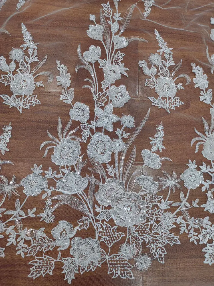 Premium embroidered flower leaf white beaded sequin lace tulle top quality for DIY wedding dress and clothing lace netting