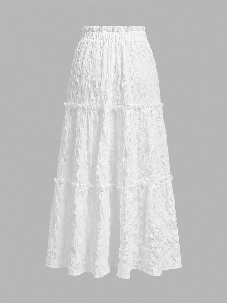 Women's White Textured Tiered Maxi Skirt, Elastic Waist, Ruffled Layers, Flowy A - Line Skirt for Casual & Beach
