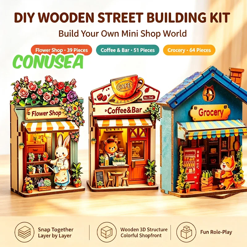 Diy Miniature House Flower Coffee Grocery Shop Wooden Assembly Model Kits Handmade Refrigerator Sticker Birthday Gifts Adults