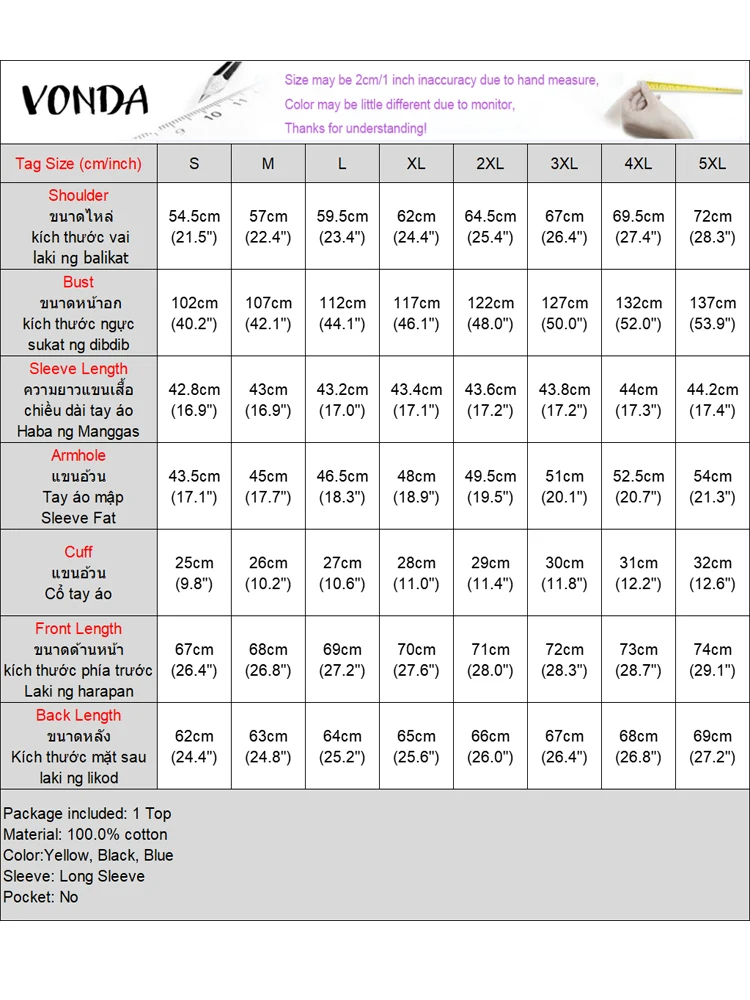 VONDA 100% Cotton Shirts Women Autumn Long Sleeve Blouse 2025 Fashion Puff Sleeve V-Neck Elegant Office Lady Tops Casual Blusas