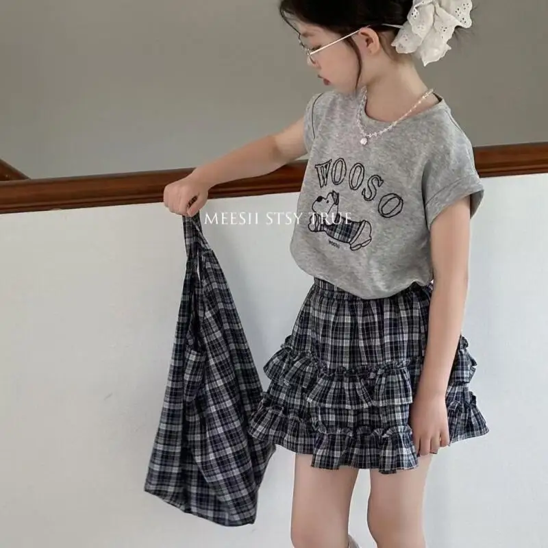 

2Pcs Girls Summer Outfits Cute Cartoon Print Short Sleeve T-Shirt Plaid Ruffle Skirt Set Fashion Kids Clothes Casual Comfortable
