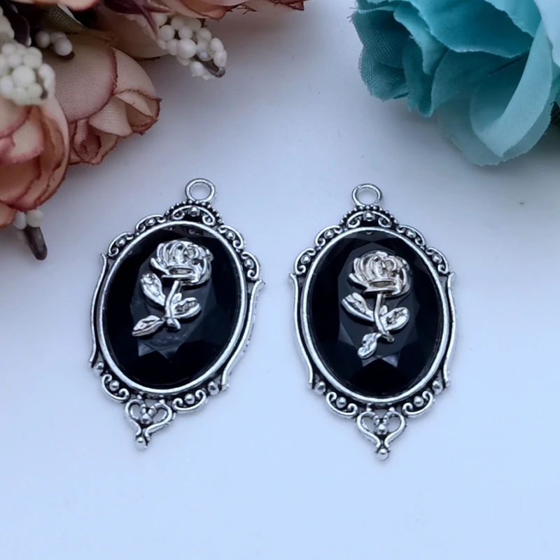 5pcs 42*23mm Gothic Red and Black Crystal Rose with Frame Embossed Accessories DIY Crafts Making Charm Pendant Jewelry Making