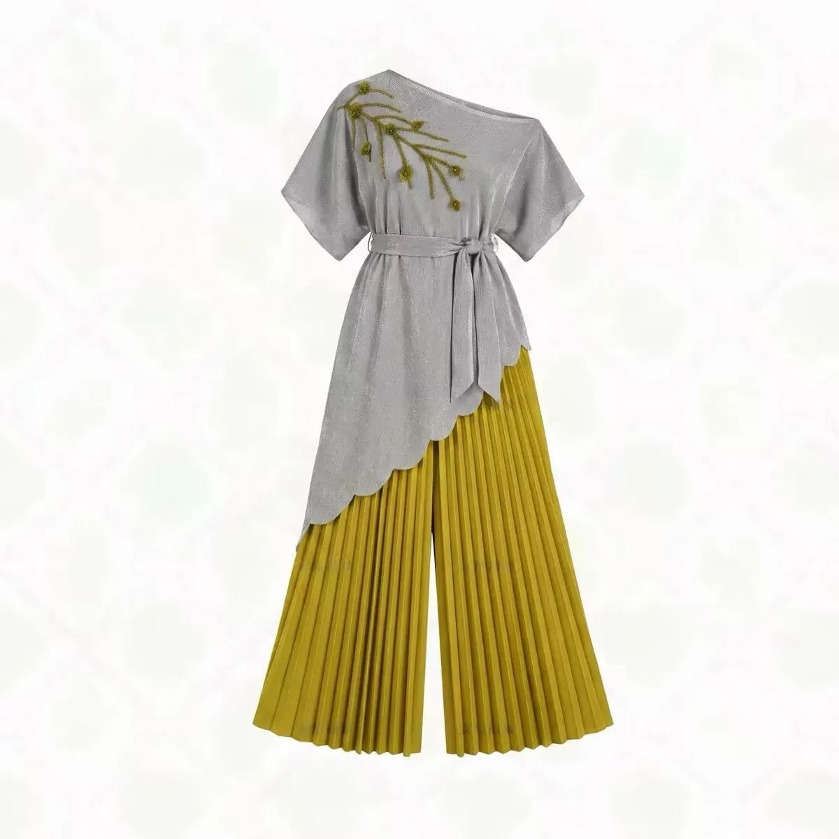 Miyake Slanted Shoulder Top Irregular Strap Waist Pleated Set Foreign Style 2026 Pleated Women's Two-piece Set