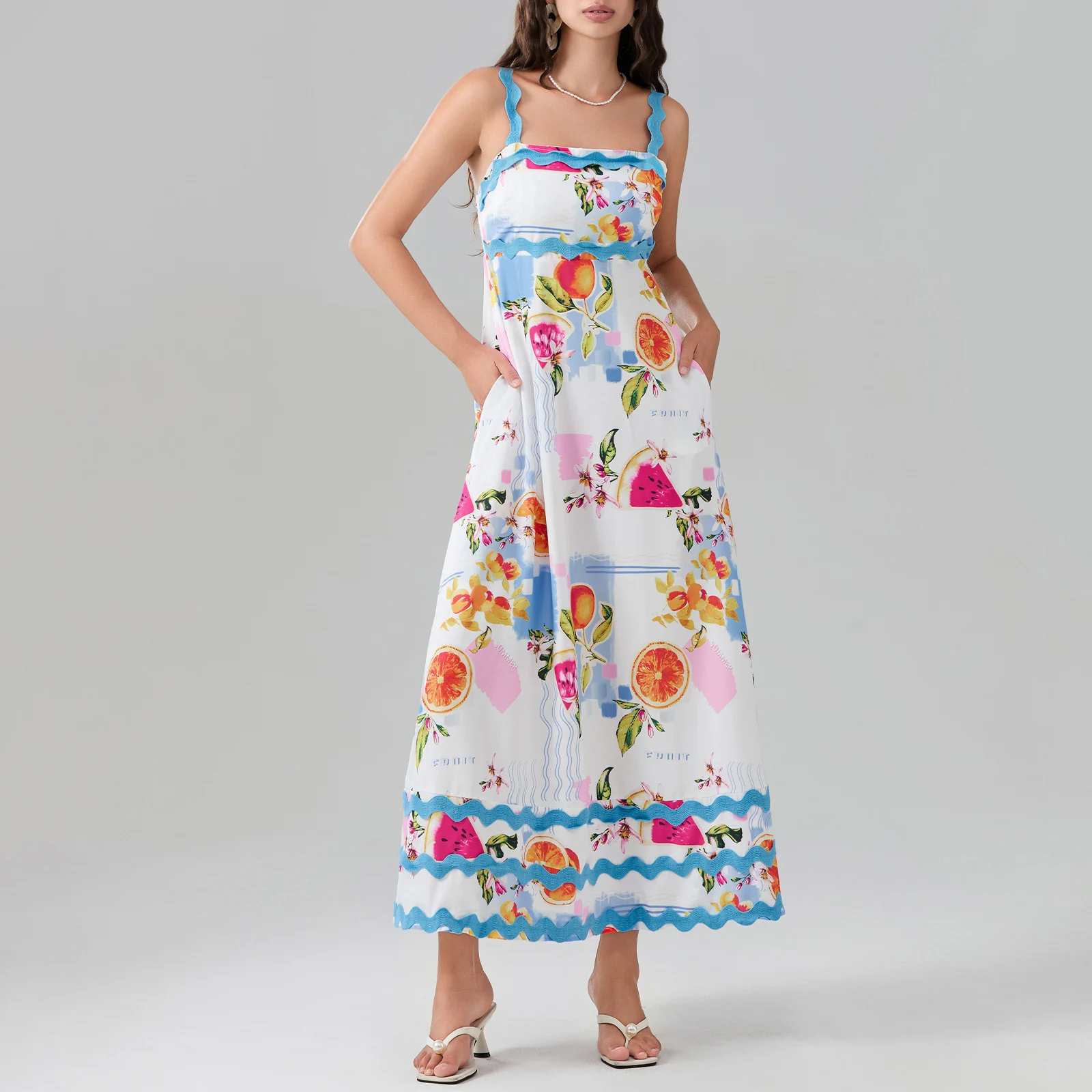 

Women Bohemian Holiday Beach Slip Dress Sleeveless Fruit Flower Print Swing Dress Summer Loose Long Dress with Pockets