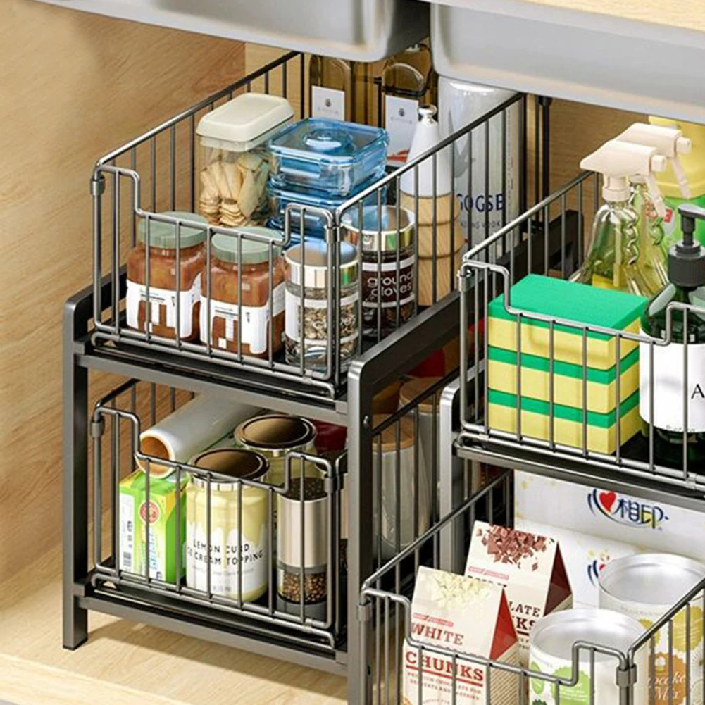 

Pull-Out Sliding Drawer Cabinet Organizer 2-Tier Stackable Under Sink Cabinet Organizer Storage Shelf For Kitchen Bathroom