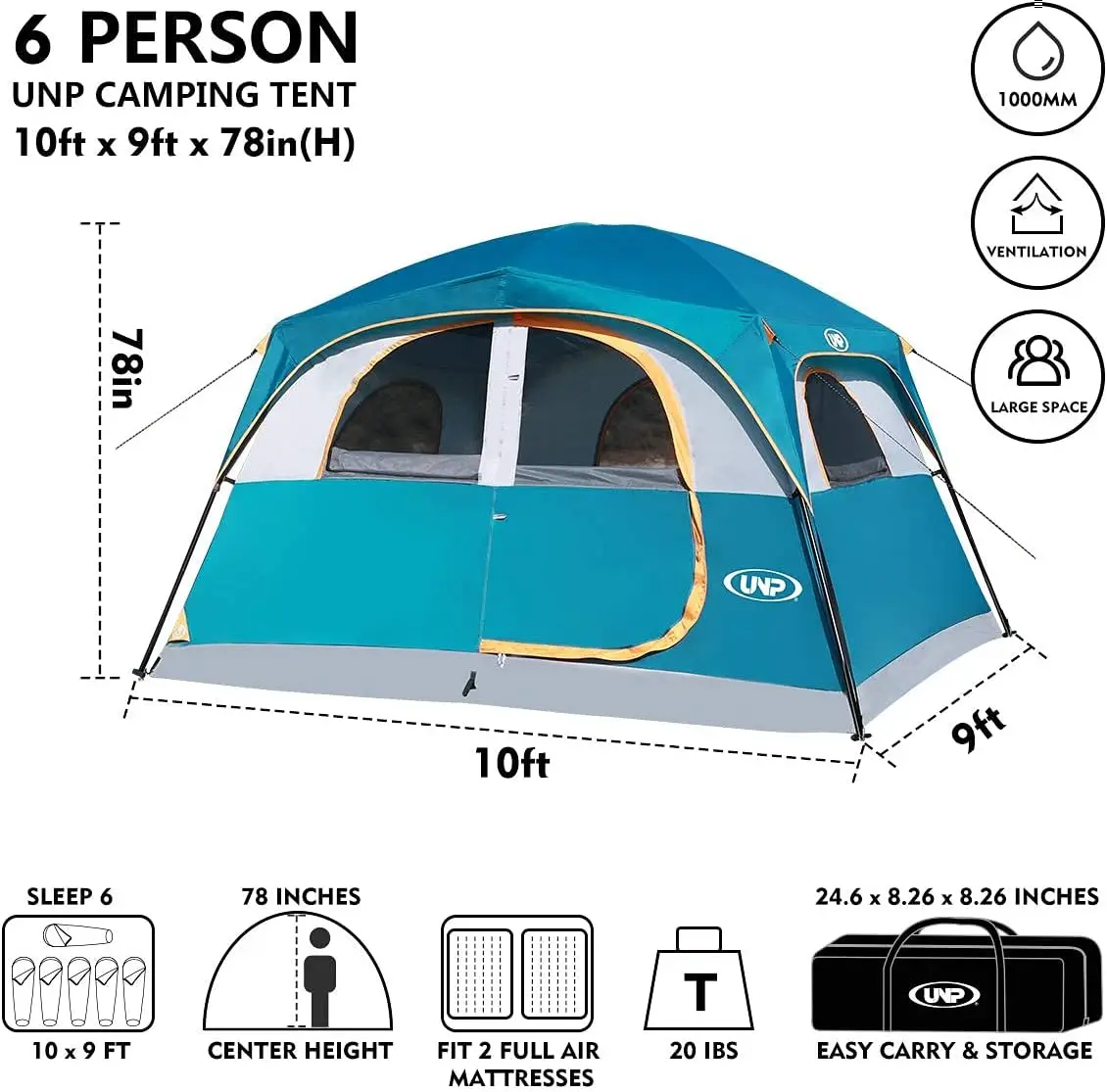 Waterproof Double Layer Family Cabin Tent for 6 Persons - Easy Setup, Windproof, with Rainfly, 1 Mesh Door & 5 Large Mesh Window