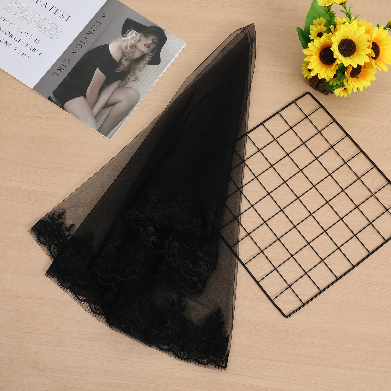 Cocar de véu de Halloween preto para casamento bordado renda funeral longa fotografia malha de poliéster