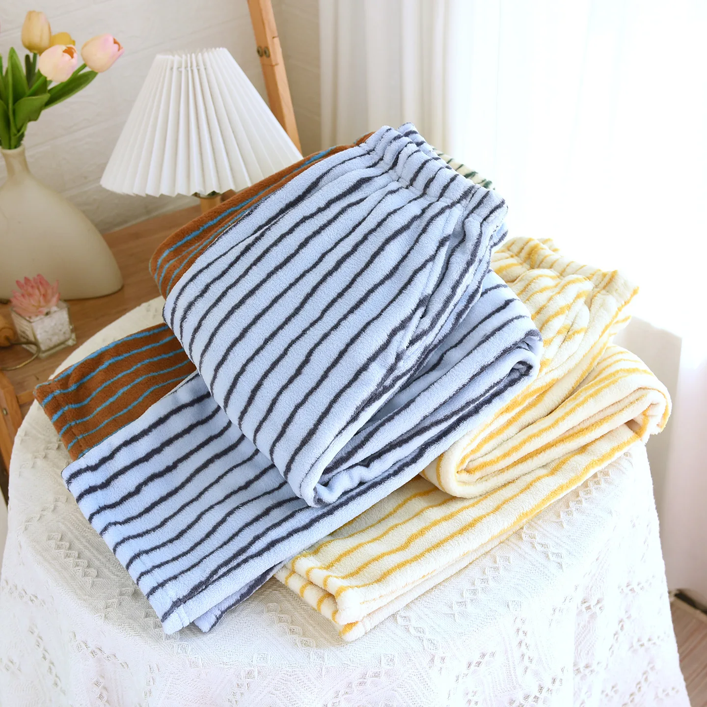 

Фланелевая теплая одежда для сна для зимы, ночная одежда, полосатые утепленные пижамные штаны, штаны для сна, женская ночная рубашка, пижамные штаны