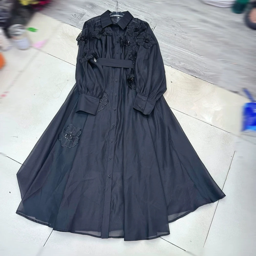 

Niche embroidered flower dress with lace-up long skirt with lantern sleeves shirt dress-GZXX305