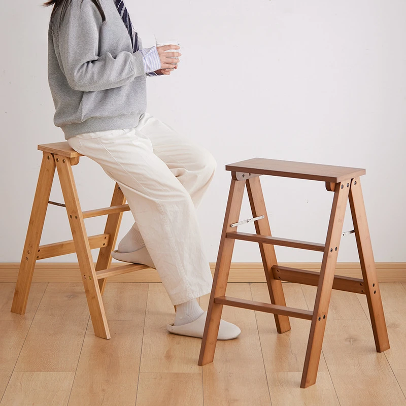 Household Solid Wood Folding Ladder Folding Chair Thickened Climbing Wooden Step Stool (Natural Wood Color) image 5