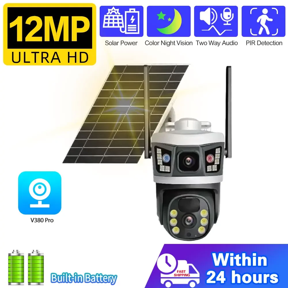 Cámara de vigilancia Solar exterior V380, 4G Sim, 4K, lente Dual, tres pantallas, inalámbrica, Cctv, PTZ, IP66, cámaras de seguridad con Panel Solar