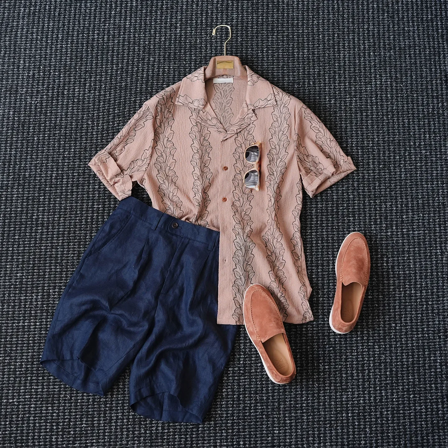 Plain leaf gentry haute couture jacquard old money cuban collar short sleeve flower shirt men's loose old money shirt