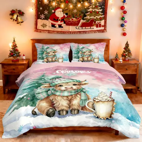 3pcs Christmas Pink Highland Cow Print Coreless Bedding Set Multi Sized Bedding Bedding Decoration Comfortable Machine Washable