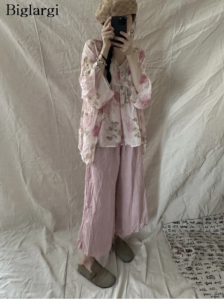 

Oversized Summer Pink 2 Two Piece Set Women Flower Floral Print Fashion Casual Ladies Blouses Loose Wide Leg Woman Pant