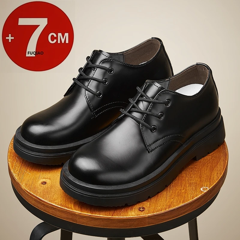 

7cm Elevator Shoes for Men Genuine Leather Thick Sole Height Increase Formal Business Oxfords Lace-Up Wedding Dress Shoes