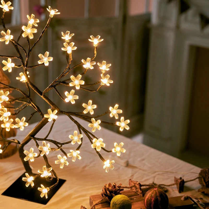 LED Table Lamp Cherry Blossom USB Remote Control For Desktop Room Bedside Bedroom Hotel Shop Home Festival Decor Tree Light