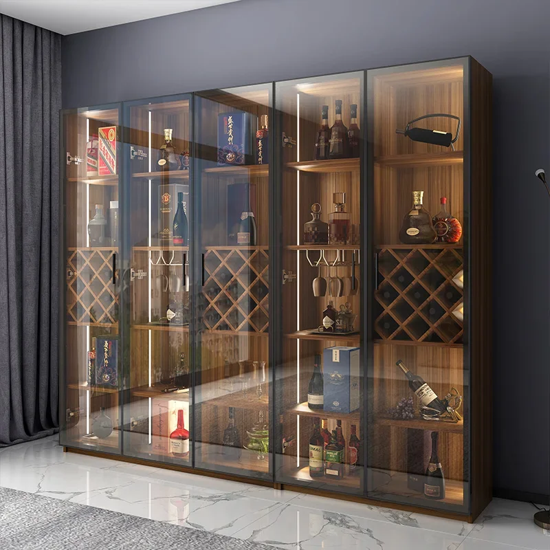 Simple glass door wine cabinet leaning against the wall, luxurious red living room, large capacity storage and display wine rack