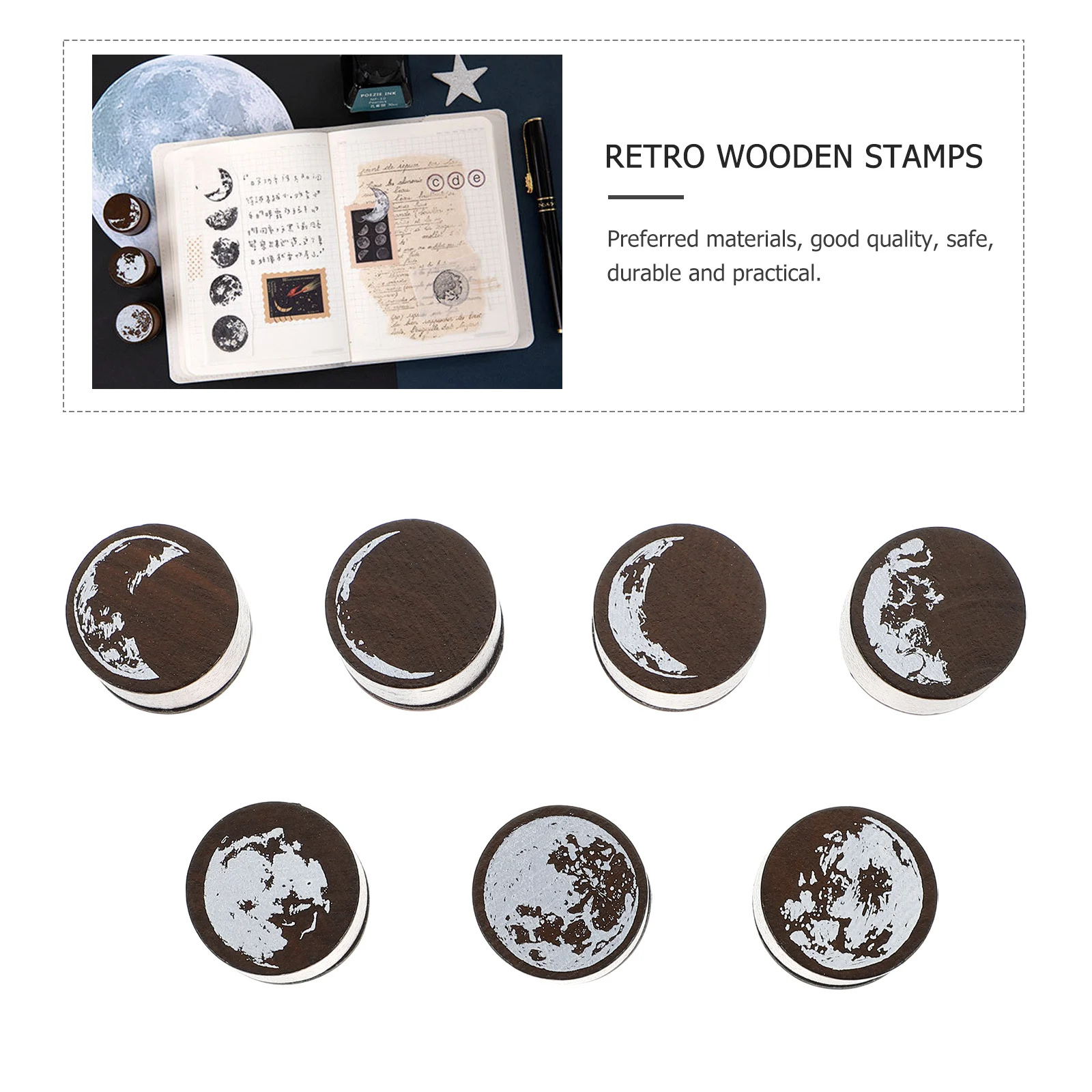 

7 Pcs Moon Phase Seal Rubber Stamps Stencil Small Wood Phases Number Vintage