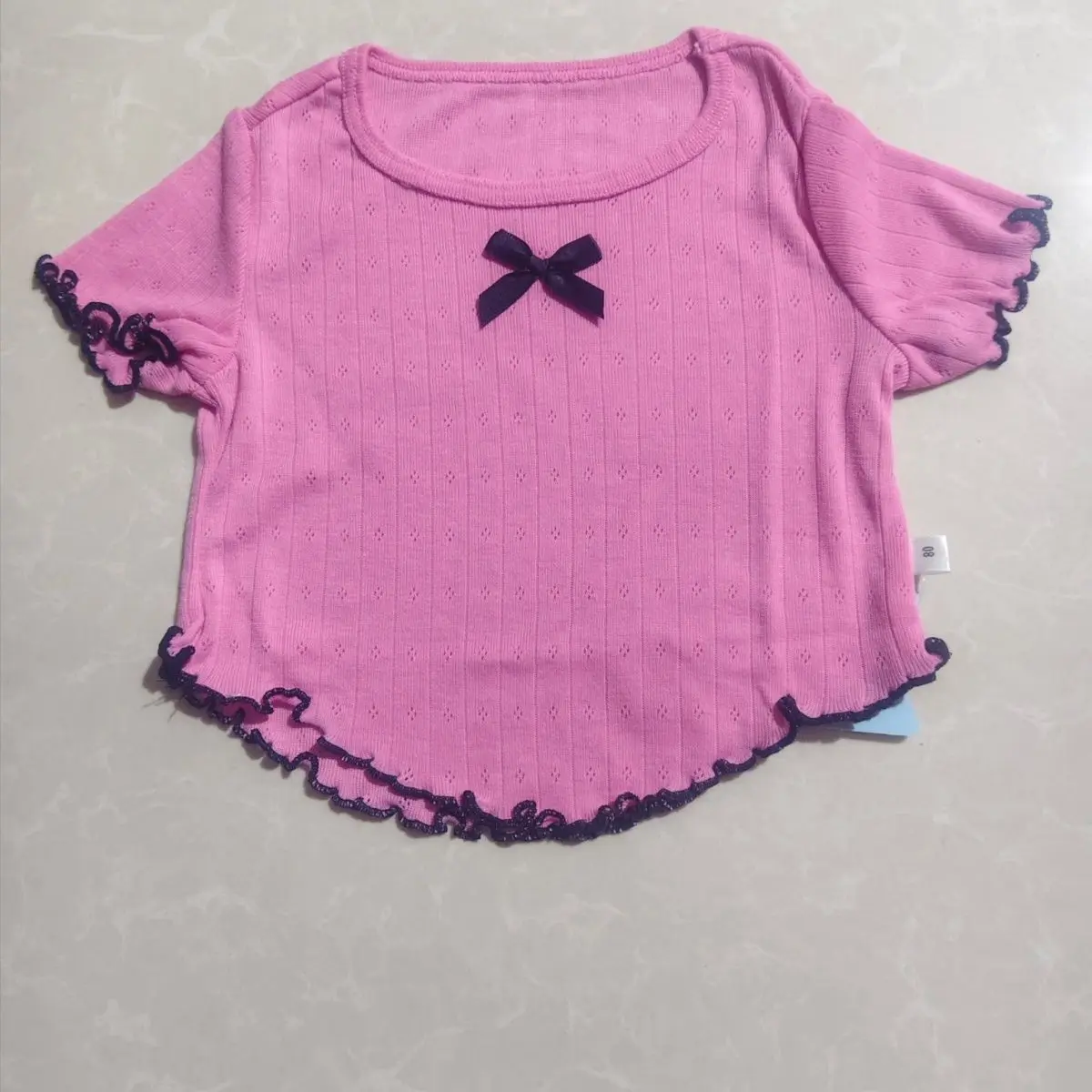 2026 Girls Korean Ruffle Short Sleeve Casual Stylish Top Bow T Shirt Fashion Small Size Tassel Top
