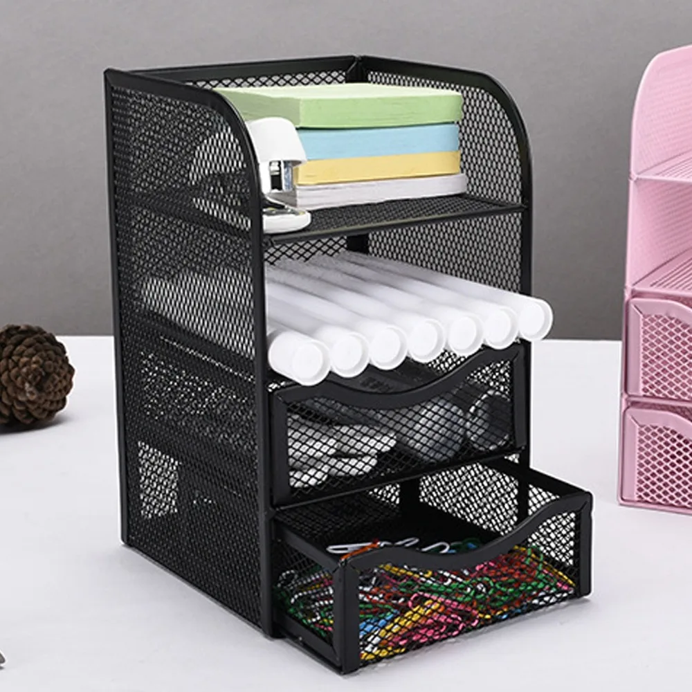 Pen Container 3 Drawers Desk Organizer Black Metal Office Desk Organizer Multifunctional Wire Mesh Stationery Organizer For Home