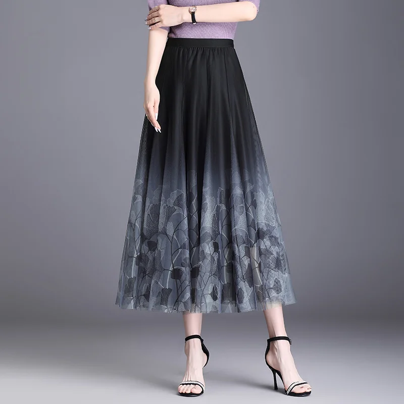 

2024 Fall Winter Fashion Mesh Pleated Women's Skirt Dark Blue Coffee Elastic High Waist Free Size Female Mid-Calf Skirt