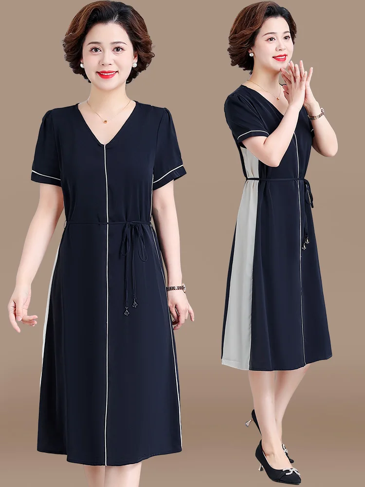 

Элегантное летнее платье средней длины для женщин среднего возраста в корейском стиле, свободного кроя, с V-образным вырезом, из тонкой ткани, повседневное.