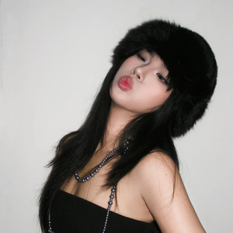 

Thick Warm Furry Beanies Hat Women Fashion Imitation Mink Fur Russian Cap Solid Color Plush Brimless Cap Winter Brimless Ski Hat