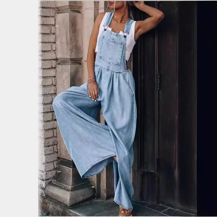 Women Sleeveless Long Loose Wide Leg Pants Jumpsuits Overall Full Length Denim Jeans Jumpsuit