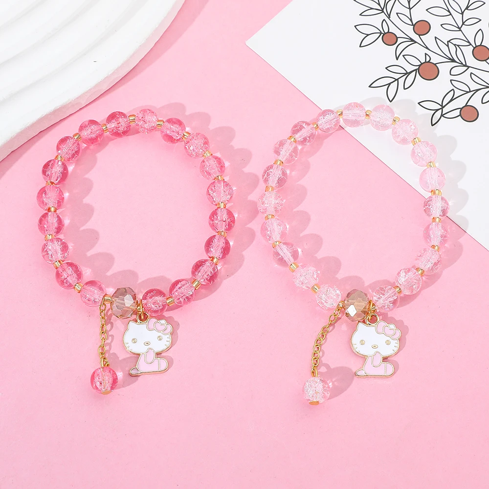 Sanrio Anime HelloKitty Bracelet Cute Cartoon Figure KT Cat Handmade Resin Pendant Accessory Kitty Pendant Bead String Bracelet