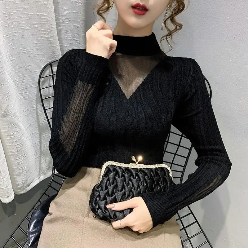 2023 Autumn/Winter New Half High Collar Long Sleeve Lace Bottom Sweater Slim Elasticity Bottoming Leisure Women\'s Knit Sweater