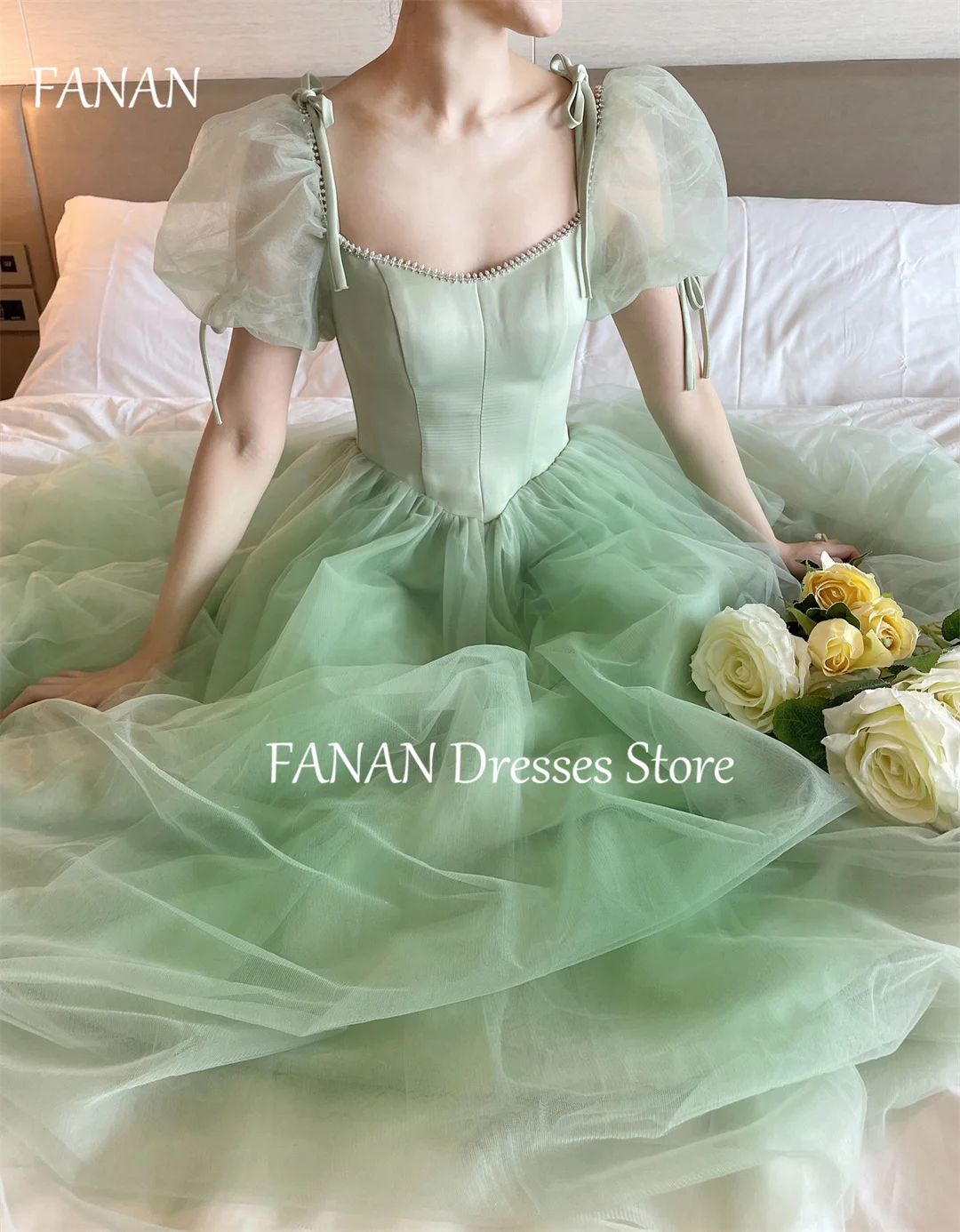 

FANAN Pearls Square Collar Evening Party Dresses Fashion Korea Puff Sleeves Green Wedding Women Formal Gowns Event Prom Gowns