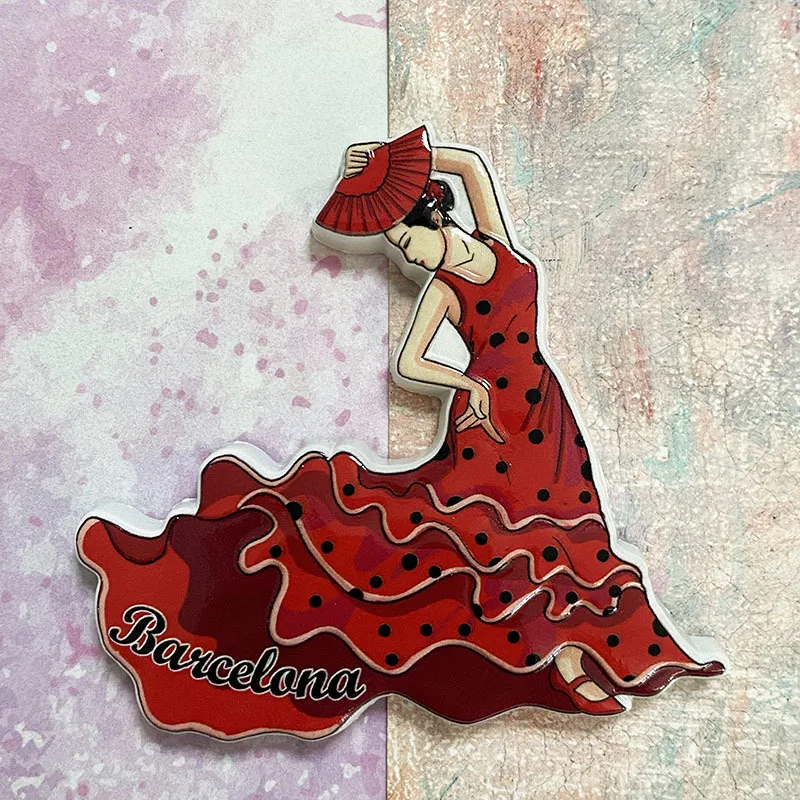 

3D Resin Fridge Magnet - Barcelona Flamenco Dancer - Spain Souvenir - Vibrant Red Dress with Black Polka Dots