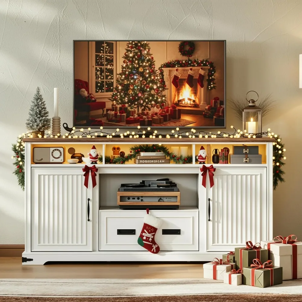 

TV Stand for 75+ Inch TV, Entertainment Center with Sliding Doors and Storage, Media Console with Power Outlet, Customized