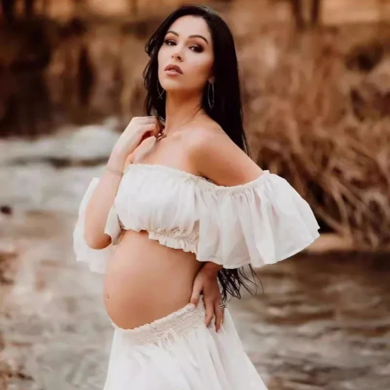 White Maternity Dress Set Pearl Chiffon One-neck Photography Gown for Expectant Mothers Baby Photo Shoot Maternitywear