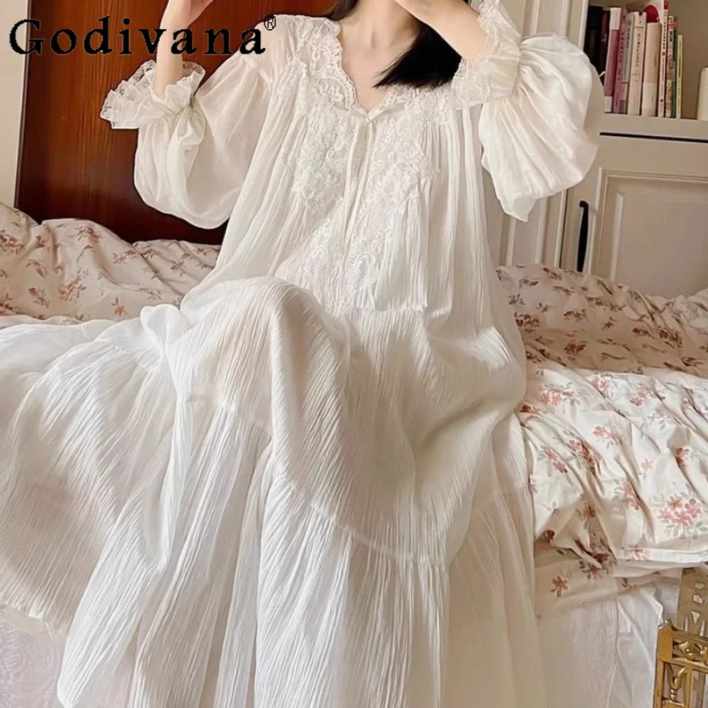 Women's Sleepwear Sweet Princess Cotton Lace Long Sleeve Court Style Pajamas Elegant Lady's Delicate Nightgowns